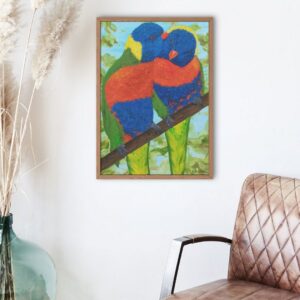 Colourful Connection Fine Art Print featuring a vibrant painting of two rainbow lorikeets nuzzling each other, showcasing love and connection.